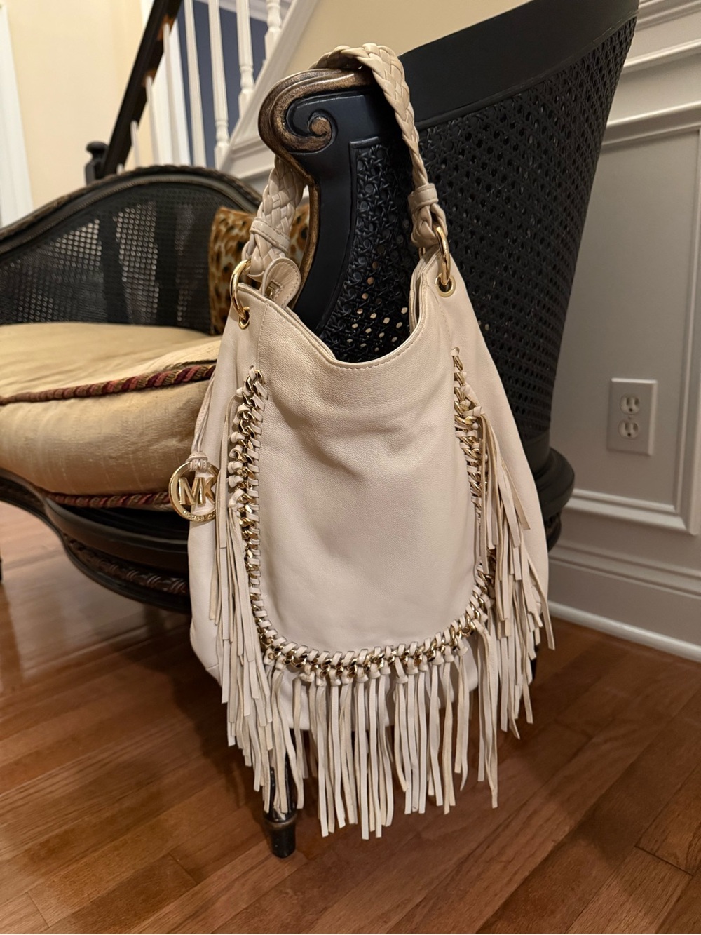Authentic Michael Kors Vienna Cream Leather Fringe Hobo Bag Gold Chain